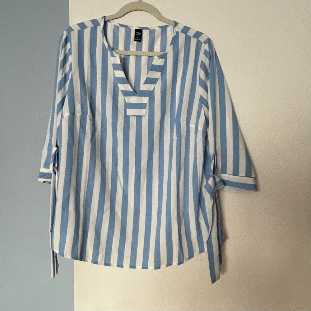 Women’s nautical, blue and white, striped shirt, silky material so cute
